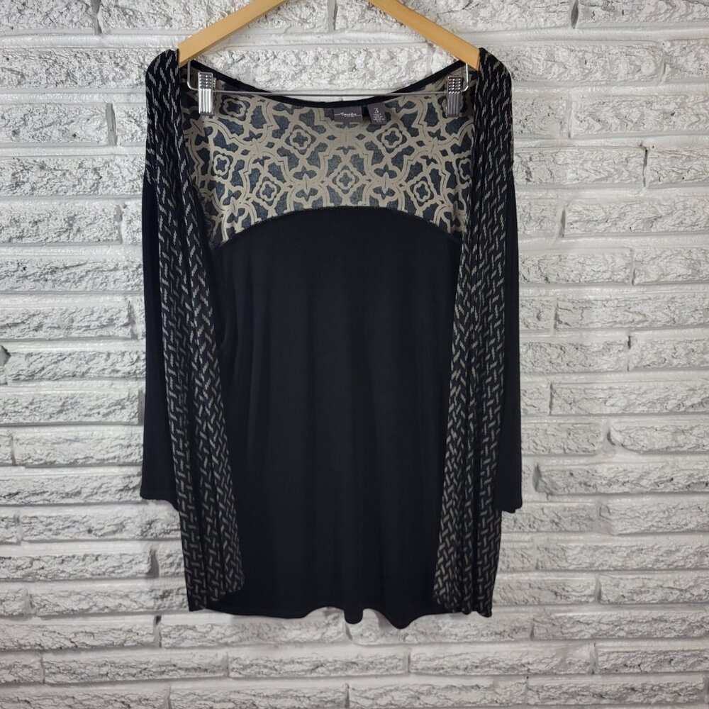 Chico's Travelers XL Black Geometric 3/4 Sleeve Blouse Acetate Spandex GEO150XE